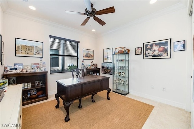 office area featuring ceiling fan, light tile patterned floors, and ornamental molding