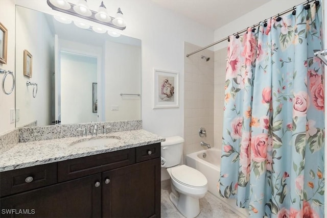 full bathroom with toilet, shower / tub combo with curtain, and vanity