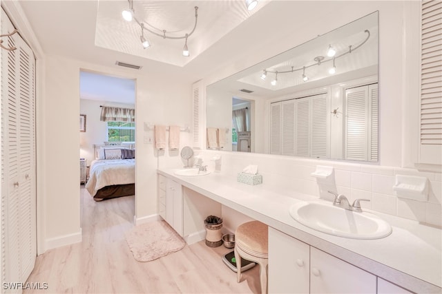 bathroom featuring hardwood / wood-style flooring, decorative backsplash, a raised ceiling, and vanity