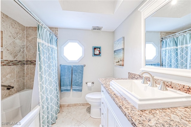 full bathroom with toilet, shower / bath combination with curtain, tile patterned floors, and vanity