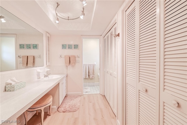 bathroom featuring a raised ceiling, vanity, and hardwood / wood-style floors