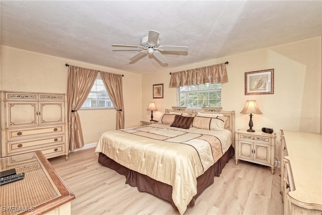 bedroom with ceiling fan and light hardwood / wood-style flooring