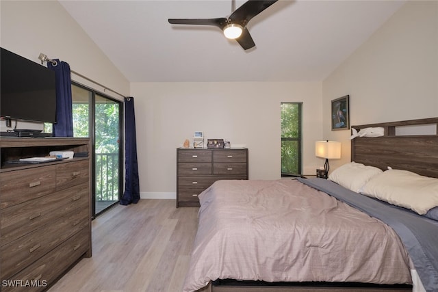 bedroom featuring ceiling fan, vaulted ceiling, access to outside, and light hardwood / wood-style flooring