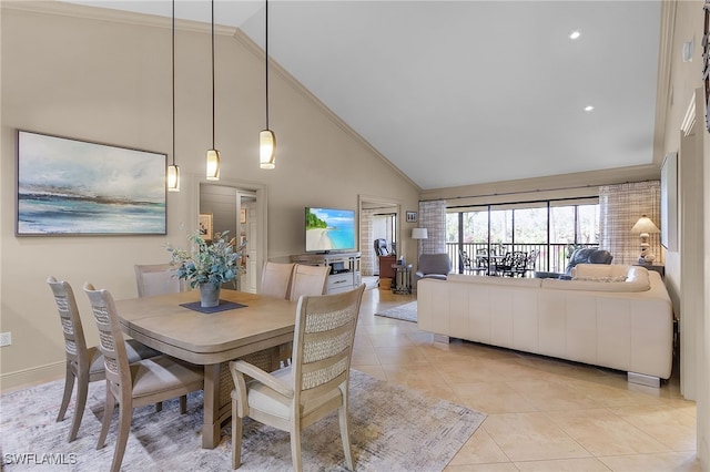 dining room featuring high vaulted ceiling, light tile patterned flooring, and crown molding