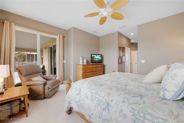 carpeted bedroom with recessed lighting, visible vents, and a ceiling fan