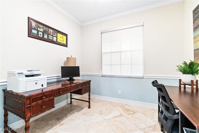 home office featuring ornamental molding and baseboards