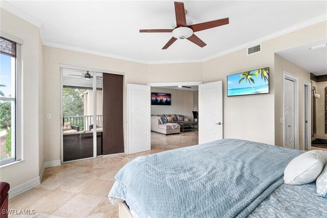 bedroom featuring a ceiling fan, baseboards, visible vents, and crown molding