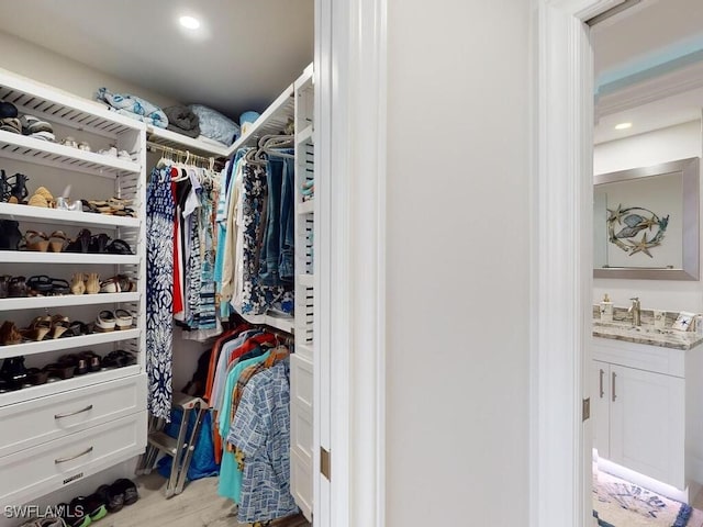 spacious closet featuring light hardwood / wood-style flooring and sink