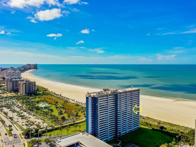 aerial view featuring a water view and a view of the beach