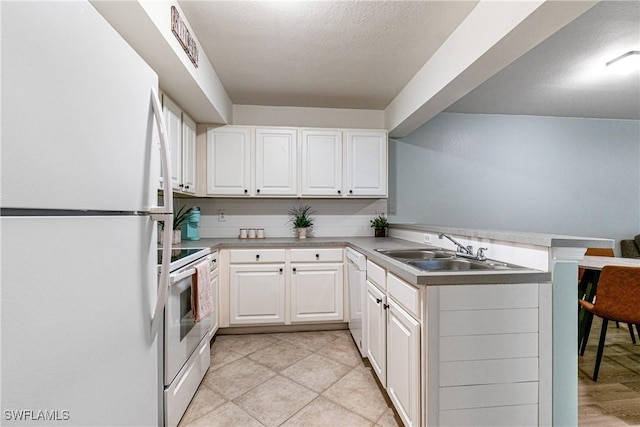 kitchen featuring kitchen peninsula, sink, white cabinetry, white appliances, and a textured ceiling