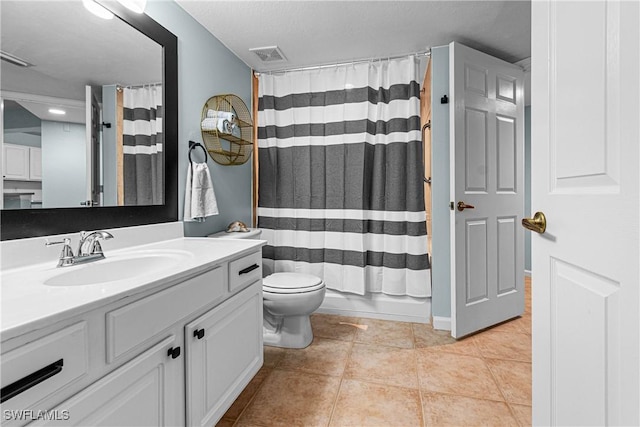 full bathroom with shower / tub combo, toilet, tile patterned flooring, and vanity