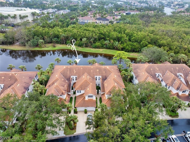 aerial view featuring a water view