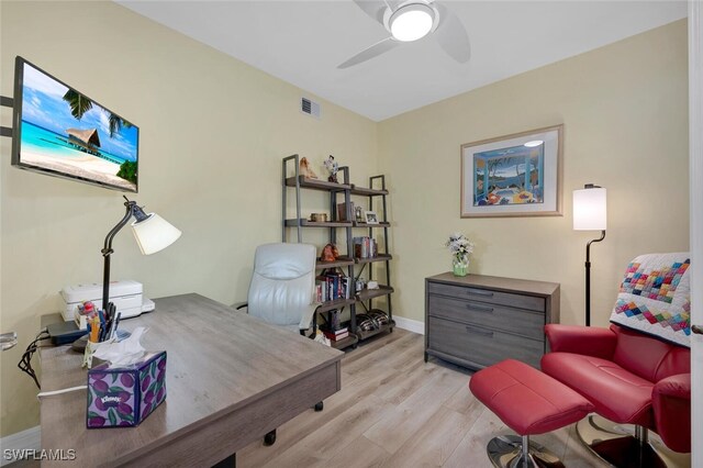 office featuring ceiling fan and light hardwood / wood-style flooring