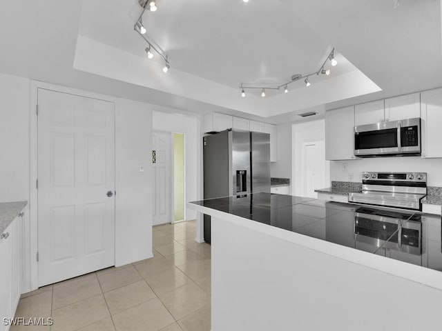 kitchen with white cabinetry, a raised ceiling, stainless steel appliances, and light tile patterned flooring