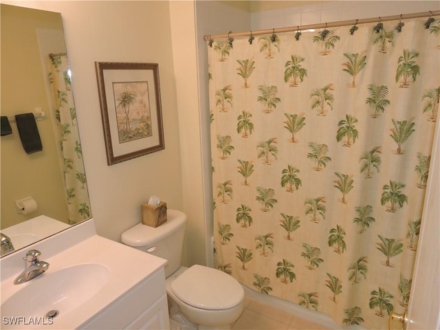 bathroom with toilet, a shower with shower curtain, vanity, and tile patterned floors