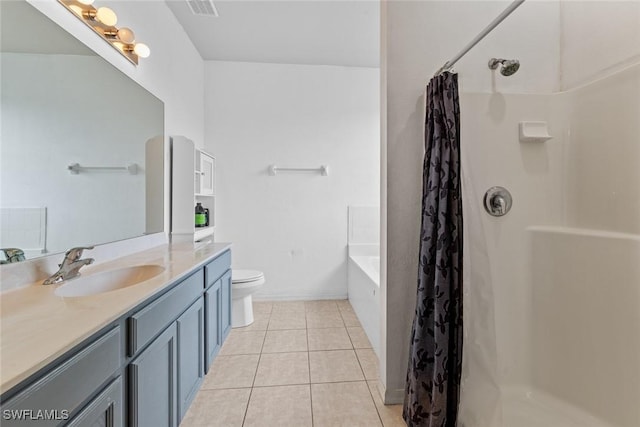 full bathroom with toilet, plus walk in shower, tile patterned floors, and vanity