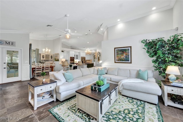 living area with high vaulted ceiling, recessed lighting, ceiling fan with notable chandelier, visible vents, and ornamental molding