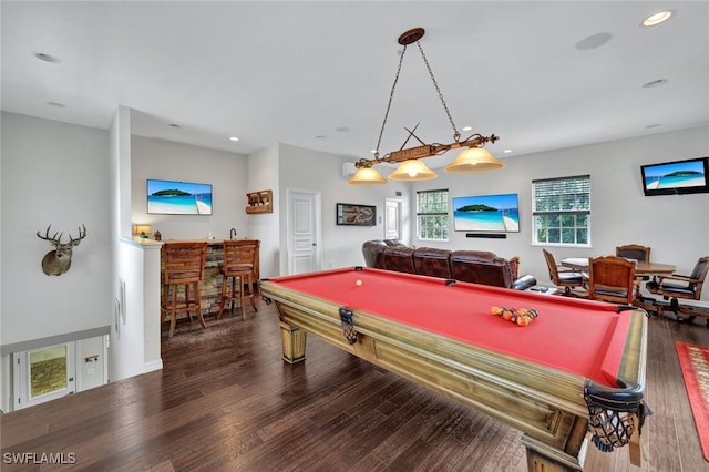 playroom featuring pool table, a dry bar, wood finished floors, and recessed lighting