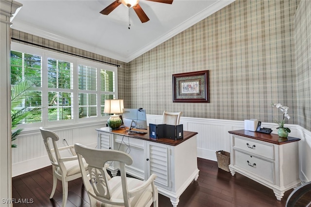 home office with dark wood-style floors, ceiling fan, wainscoting, and crown molding