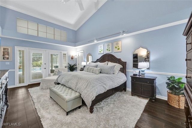 bedroom with french doors, dark wood-type flooring, a ceiling fan, high vaulted ceiling, and access to outside