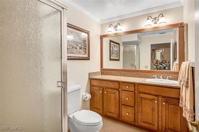 bathroom featuring vanity, crown molding, tile patterned flooring, toilet, and a shower with shower door