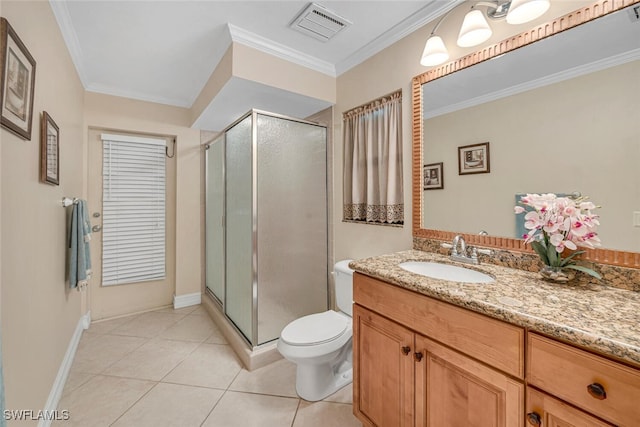 bathroom with vanity, tile patterned floors, toilet, ornamental molding, and an enclosed shower