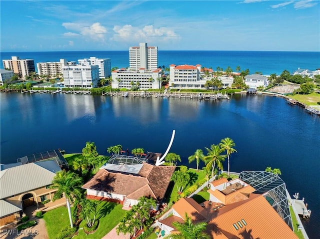 aerial view featuring a water view