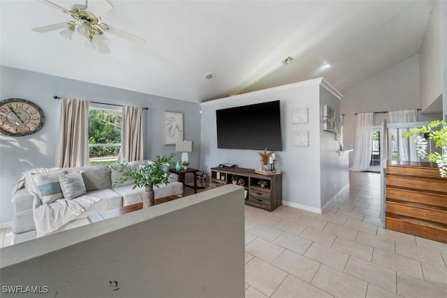 tiled living room with vaulted ceiling and ceiling fan