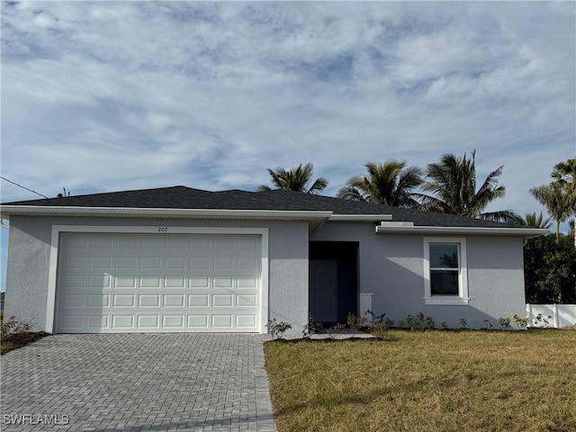 ranch-style home featuring a front yard and a garage