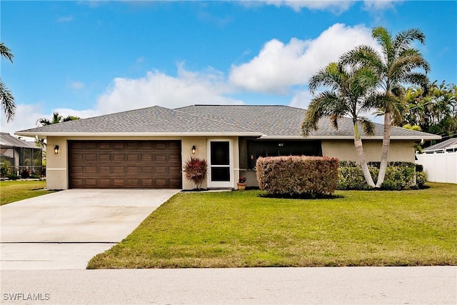 single story home with a front yard and a garage