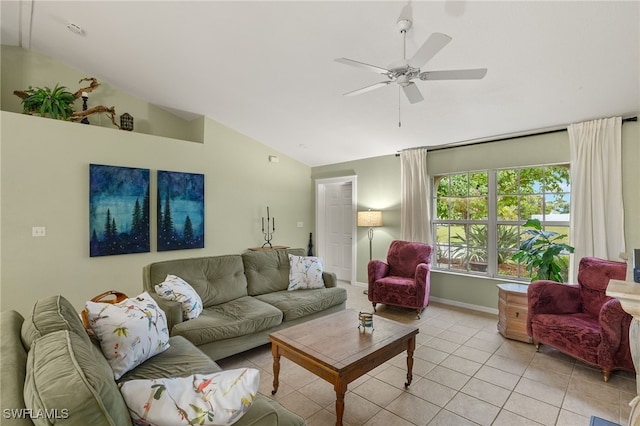 tiled living room with vaulted ceiling and ceiling fan