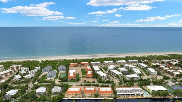 drone / aerial view with a water view and a beach view