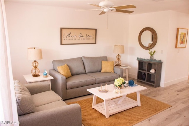 living room with ceiling fan and wood-type flooring