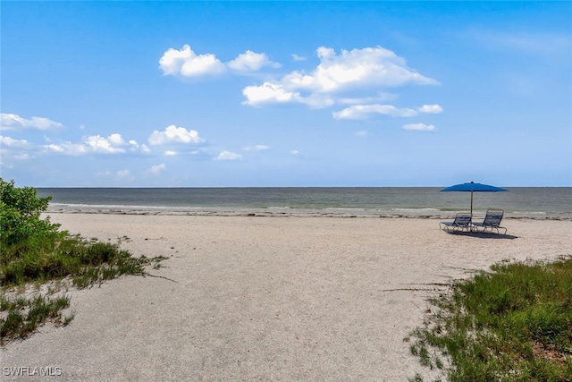 view of water feature with a beach view