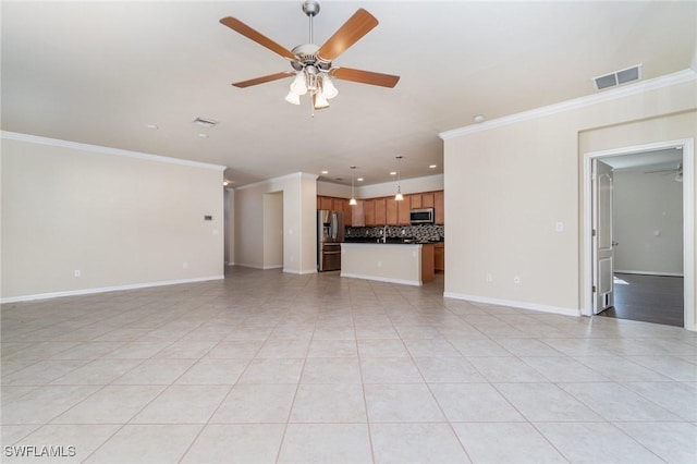 unfurnished living room with ceiling fan, crown molding, and light tile patterned floors