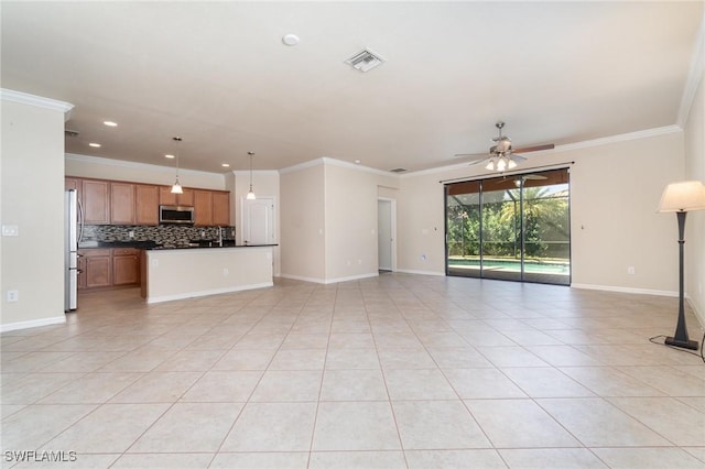 unfurnished living room featuring ceiling fan, crown molding, and light tile patterned floors