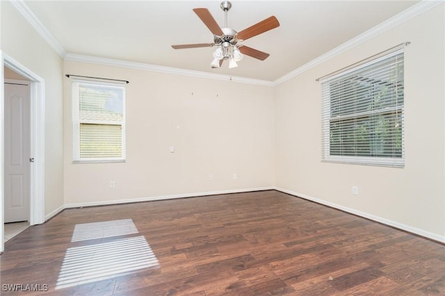 unfurnished room with dark hardwood / wood-style floors, ceiling fan, and ornamental molding