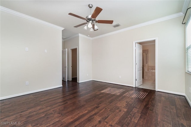 spare room with ceiling fan, dark hardwood / wood-style flooring, and ornamental molding