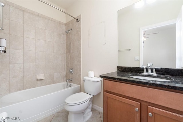 full bathroom featuring vanity, tile patterned floors, ceiling fan, tiled shower / bath combo, and toilet