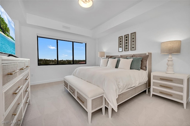 carpeted bedroom featuring a raised ceiling