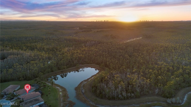 aerial view at dusk with a water view