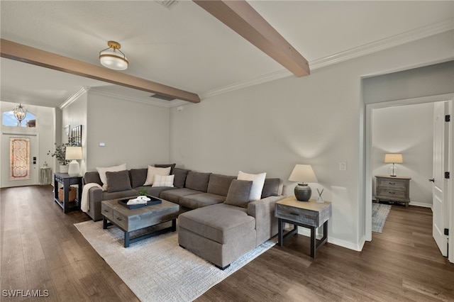 living room featuring dark wood-type flooring, a chandelier, beam ceiling, ornamental molding, and radiator heating unit