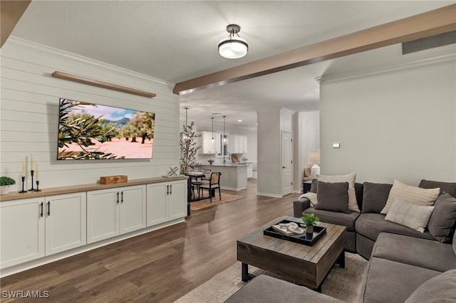 living room featuring wood walls, crown molding, and dark hardwood / wood-style floors