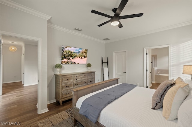 bedroom with ceiling fan, ornamental molding, ensuite bath, and dark hardwood / wood-style floors