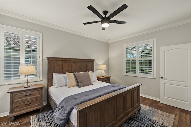 bedroom with multiple windows, ceiling fan, crown molding, and dark wood-type flooring