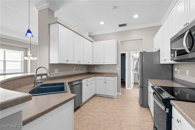 kitchen with decorative light fixtures, white cabinetry, sink, a notable chandelier, and stainless steel appliances