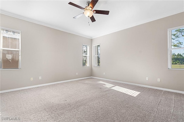 unfurnished room with crown molding, carpet, and ceiling fan