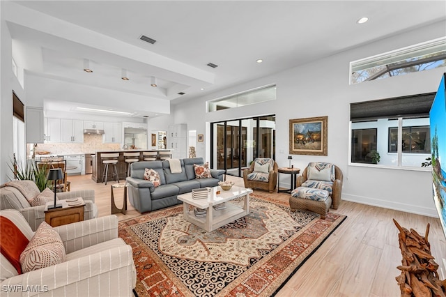 living room featuring light hardwood / wood-style floors and a tray ceiling