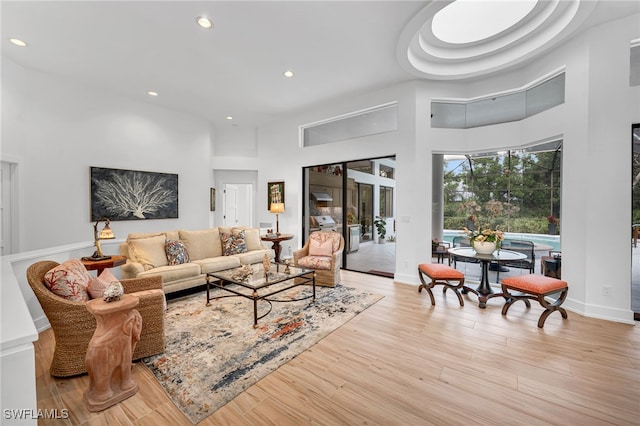 living room featuring light hardwood / wood-style floors and a towering ceiling