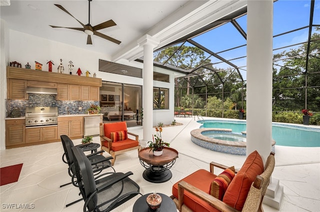 view of patio with a lanai, an outdoor kitchen, grilling area, and a swimming pool with hot tub